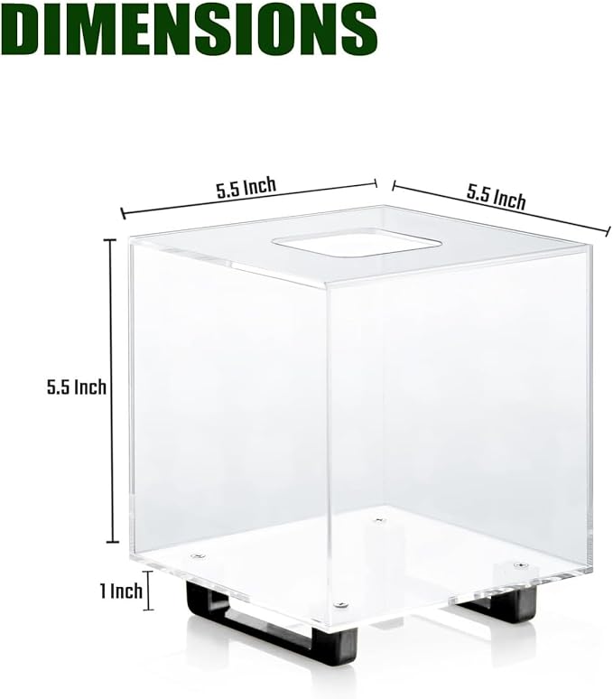 YoBa Thick Acrylic Tissue Box Holder Rectangular Tissue Box Dispenser with Gold Plated Aluminum Legs for Bathroom, Kitchen, Bedroom, Office and Restaurant (Square, Clear (Black Legs))