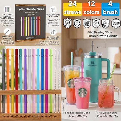 ALINK 24 Pcs Reusable Straws, 10.5 Inch Long Tritan Hard Plastic Straws with 4 Brushes, 12 Colors Clear Repacement Straw for 30oz 20oz 16oz Tumbers, Stanley, Starbucks, YETI, Mason Jars, BPA Free - Image 3