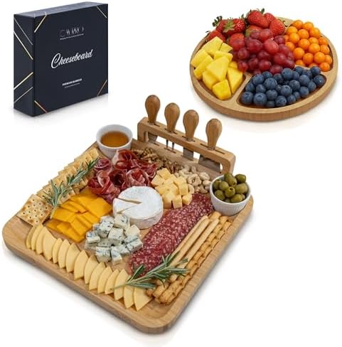 Charcuterie Board Set Bamboo with Cheese Knives and Bowls, Large Wooden Serving Platter for Entertaining, Housewarming and Wedding Gift by Cavrro by Unknown