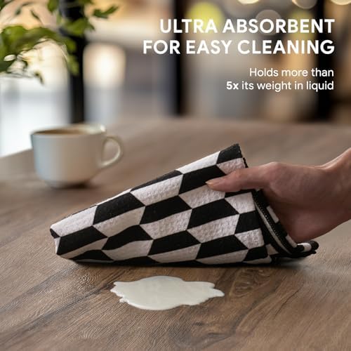 RECYCO Waffle Kitchen Towel Set of 2 - Quick Dry Microfiber Sustainable Dish Towels - Ultra Absorbent Reusable Cleaning Tea Towels - Lightweight Hand Towels,16”x 28”, Black & White Mirage - Image 3