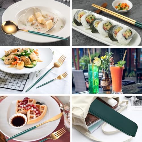 AARAINBOW 8 Pieces Stainless Steel Flatware Set Portable Reusable Cutlery Set Travel Utensils Set Including Chopsticks Knife Fork Spoon Straws Cleaning Brush Dishwasher Safe (Green Golden) - Image 4