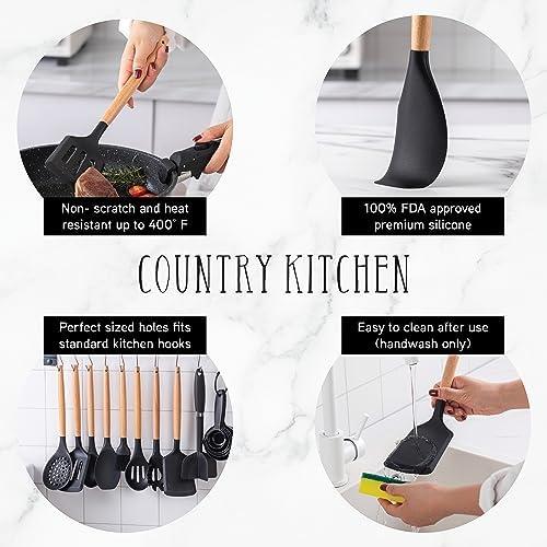 Country Kitchen Non Stick Silicone Utensil Set with Rounded Wood Handles for Cooking and Baking, 38 Piece Set, Black - Image 2