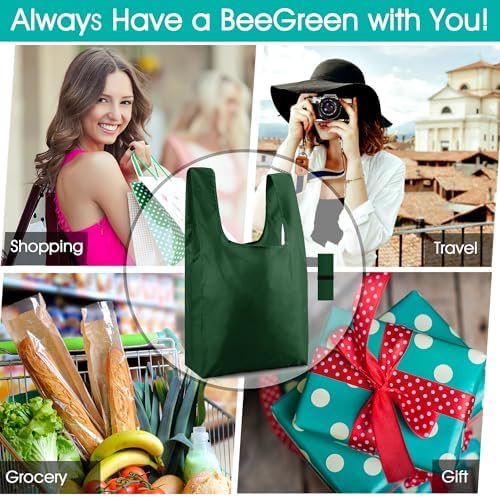 BeeGreen Christmas Green Reusable Grocery Bags with Zipper Storage Pouch 10 Packs Dark Green Reusable Shopping Bags Bulk Foldable-Machine Washable - Image 2