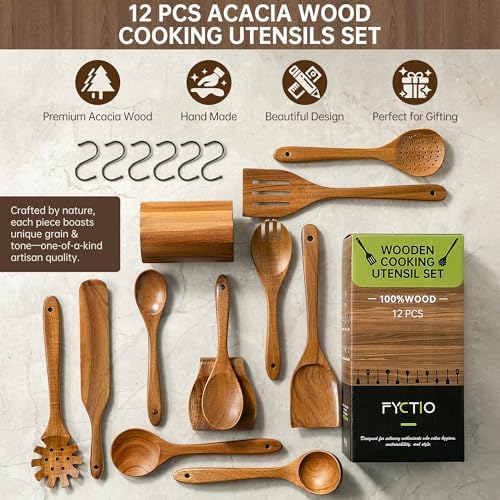 12 PCS Natural Acacia Wooden Utensil Set Wooden Spoons for Cooking - Image 2