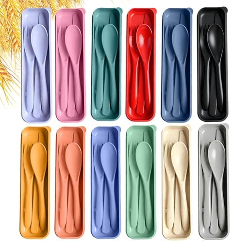 Travel Utensils with Case, 12 Sets Camping Utensil Sets, Wheat Straw Portable Knife Fork Spoons Tableware, Reusable Utensils for Lunch Box (Multi) by HMDZMR