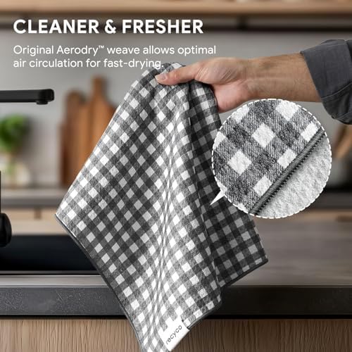 RECYCO Waffle Kitchen Towel Set of 2 - Quick Dry Microfiber Sustainable Dish Towels - Ultra Absorbent Reusable Cleaning Tea Towels - Lightweight Hand Towels,16”x 28”, Dove Gray Plaid - Image 4