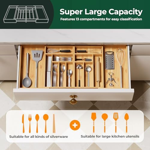 Large Silverware Organizer, 13 Slots Magnetic Connected Expandable Bamboo Utensil Drawer Organizer From 21 to 37.4 Inches, Adjustable Flatware and Cutlery Holder, Utensil Tray for Kitchen Natural - Image 4