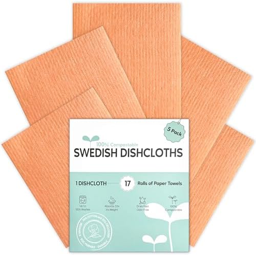 Swedish Dishcloths for Kitchen, 5 Pack Swedish Dish Cloths, Ultra Absorbent Reusable Paper Towels, Cellulose Sponge Cloths, Quick Drying, No Odor, Dishwasher Safe Orange by Unknown
