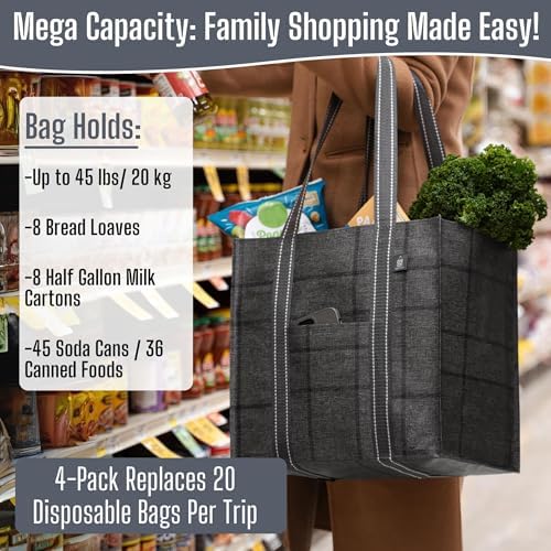 VENO 4 Pack Large Grocery Bag Reusable Shopping Bags with Hard Bottom - Image 5