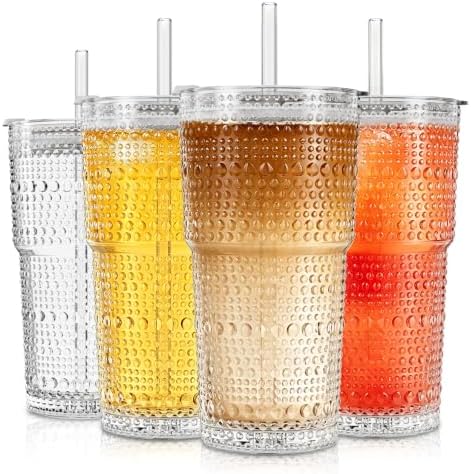 SoulTimes 20oz Hobnail Glass Tumbler with Bamboo Lids and Straws - Iced Coffee Glass Cups for Smoothie, Matcha, Juice, Water etc. Leakproof and Reusable Glassware Drinking for Travel To Go [4 Pcs] by SoulTimes