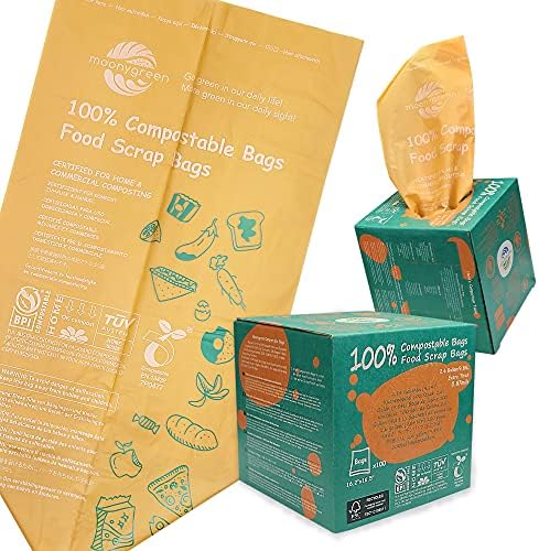 Compostable Trash Bags, 2.6 Gallon, 9.84 Liter, 200 Count, Extra Thick, Food Scrap Small Kitchen Waste Bags, US BPI ASTM D6400 and Europe OK Compost Home Certified by MoonyGreen