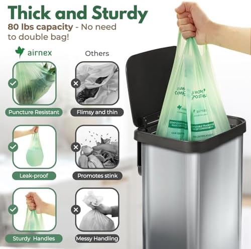 AIRNEX Compostable Kitchen Trash Bags 13 Gal - Cornstrarch Leakproof & Tear Resistant 50 Compost Bags - OK Compost Home & Seedling Certified 0.25 mm Kitchen Garbage Bags - Image 3