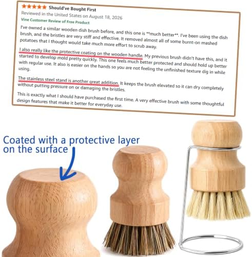 3 Pack Wooden Dish Brush Set - 2*Vegetable Brush & 1*Stainless Steel Stand - Image 4