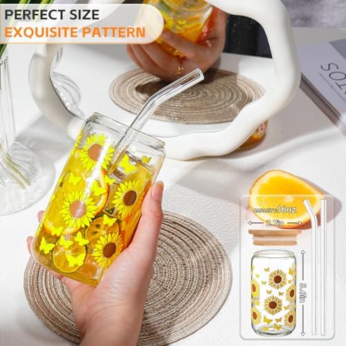 DWTS DANWEITESI Glass Cups with Lids and Straws with Design Sunflower 4 pcs,Clear Glass Cups 16 oz-Drinking Glasses Set,Glass Tumbler,Cute Design Glass Iced Coffee Cups with Lids and Straws 480ml - Image 2