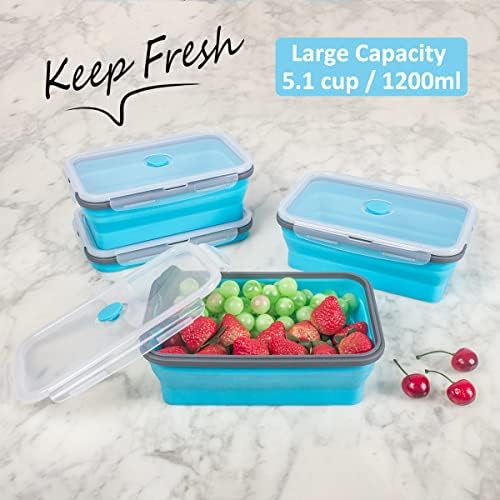 Collapsible Food Storage Containers with Airtight Lid & Air Vent, 40.5 oz, Kitchen Stacking Silicone Collapsible Meal Prep Container Set for Leftover, Microwave Freezer Dishwasher Safe, Blue, Set of 4 - Image 2