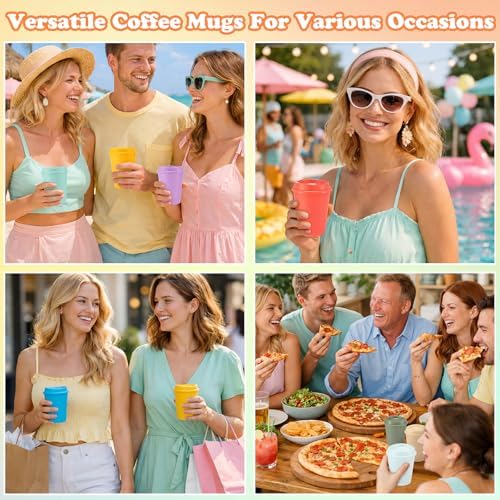 Honeydak 45 Pack 12 oz Reusable Coffee Cups with Lids Portable Tea Cups Reusable Hot Coffee Mugs Tumblers Bulk Plastic Tumblers Travel Drinks Mugs for Hot and Cold Drinks(Gentle Colors,Classic) - Image 6