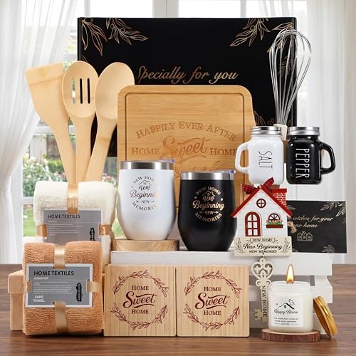 Housewarming Gifts New House -19 Pcs Closing Gifts for Couple Friend Women Men Home Buyers, House Warming Basket for New Houses Apartment Kitchen Presents(Black,Classic) by RimCereal