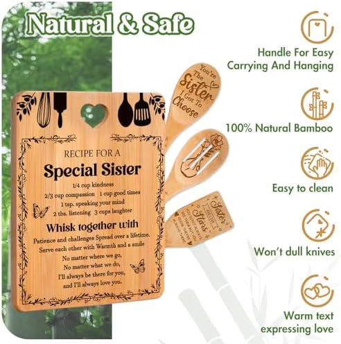 Sister Birthday Gifts from Sister - "Recipe for a Special Sister" Sister Birthday Gifts Cutting Board Set, Bamboo-Made Engraved Utensil Set Christmas/Birthday Day Gifts for Sister Adult - Image 5