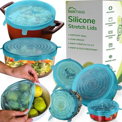 Reusable Silicone Stretch Lids for Food Storage in Fridge - Elastic Heat-Resistant Bowl Covers, Cups, Cans, Jars - Universal Food Grade Lid for Containers - 7 Pack - Blue Mist Stretchy Lid Set by BasicHaus