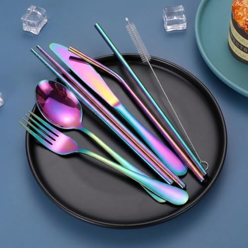 Portable Stainless Steel Flatware Set, Travel Camping Cutlery Set, Portable Utensil Travel Silverware Dinnerware Set with a Waterproof Case (Rainbow) - Image 2