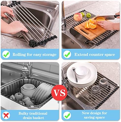 Seropy Roll Up Dish Drying Rack Over The Sink Drying Rack for Kitchen Counter, Folding Dish Rack Over Sink Mat, Stainless Steel Dish Drainer Rack Kitchen Sink Organizer Accessories 17.5"x13.7" - Image 6