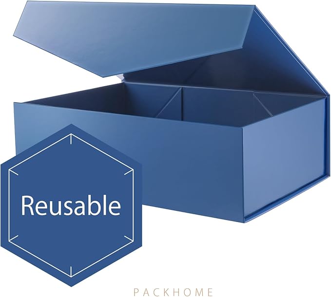 PACKHOME 6 Large Gift Boxes with Lids 13.5x9x4.1 Inches, Sturdy Collapsible Gift Boxes with Magnetic Closure (Glossy Navy)