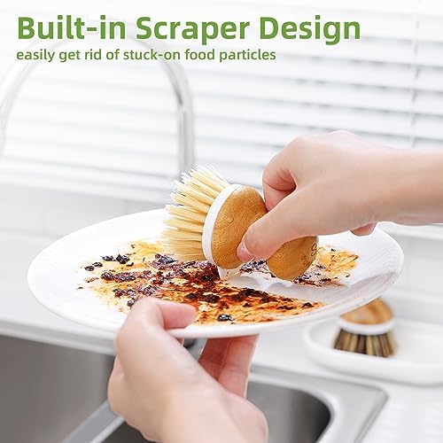 Bamboo Dish Brush,Sisal Brush with Scraper,2 Pack with Ceramic Holder - Image 4