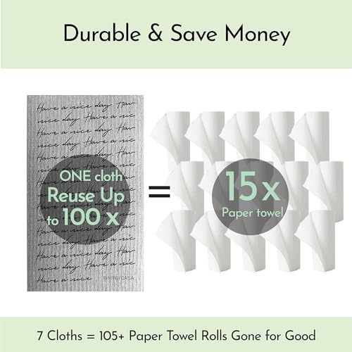 Long Gray 7‑Pack Swedish Dishcloths – Reusable,Cellulose Sponge Dish Cloths for Washing Dishes, Paper Towel Replacement, Plastic-Free Packaging, Super Absorbent - Image 4
