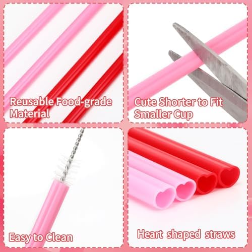 JANYUN 30 Pcs Pink Red Heart Shaped Straws, Valentines Plastic Straw - Image 3