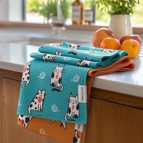 RECYCO Waffle Kitchen Towel Set of 2 - Quick Dry Microfiber Sustainable Dish Towels - Ultra Absorbent Reusable Cleaning Tea Towels - Lightweight Hand Towels,16”x 28”, Cuddly Cats by RECYCOHOMECOLLECTION