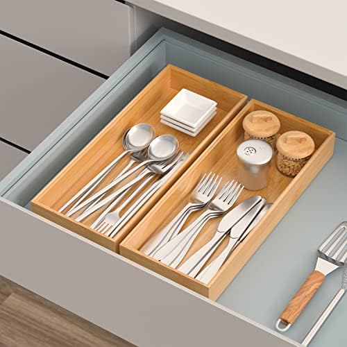 VeyFey Bamboo Drawer Organizer, Stackable Utensil Organizer for Kitchen, Bamboo Storage Box Wood Silverware Tray for Drawer 15" x 6" x 2" Set of 2 - Image 2