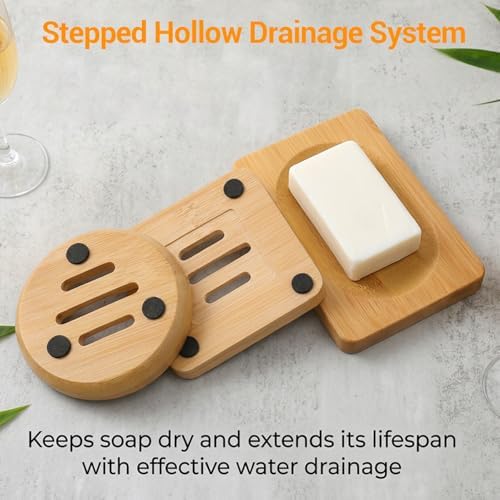 3PCS Bamboo Soap Holder Wooden Soap Dishes for Bathroom, Natural Soaps Dish Self-Draining Bar Soaps Holder Set (Round, Square, Rectangle) for Shower, Sink, Bathtub, and Home Accessories - Image 3