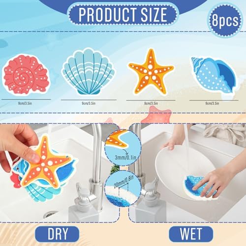 Whaline 8Pcs Starfish Shell Kitchen Sponges Water Absorbing Dish Washing Sponge Summer Sea Snail Starfish Shell Non Scratch Cleaning Scrub Sponges for Summer Home Kitchen Bathroom - Image 2