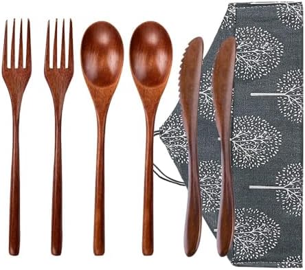 Wooden Spoon Fork Knife Eating Flatware Set Portable Utensil Set with Case, Reusable Wooden Cutlery Travel Utensils Set, 2 Spoons and 2 Forks and 2 Knives by Wsevinn