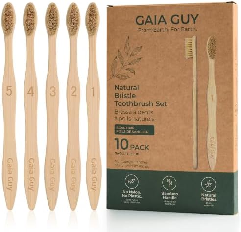 Gaia Guy Boar Bristle Bamboo Toothbrushes – 10 Pack Natural Bristle Toothbrush Set, Plastic-Free & Nylon-Free, Numbered Bamboo Handles, Medium Boar Hair Bristles for Adults & Families - Image 6