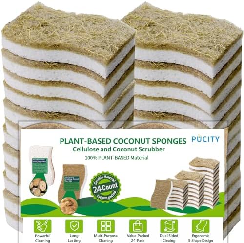 Sponges Kitchen Natural Dish Sponge Plant-Based Biodegradable Compostable Cellulose with Coconut Scrubber Sponge Non Scratch Eco Friendly Kitchen sponges for Kitchen Dishes（Pack of 24） by Unknown