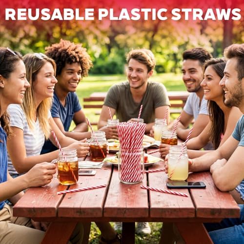 Honeydak 50 Pcs Reusable Plastic Straws Bulk,Red and White Stripe - Image 4