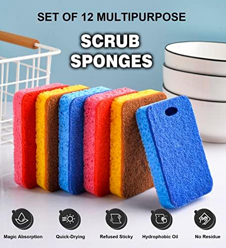 METUUTER 12-Count Scrub Sponges Kitchen Sponge Heavy Duty, Cellulose Sponges with Scouring Pads Dual-Sided for Kitchen and Household Use (Square-Multi) - Image 3
