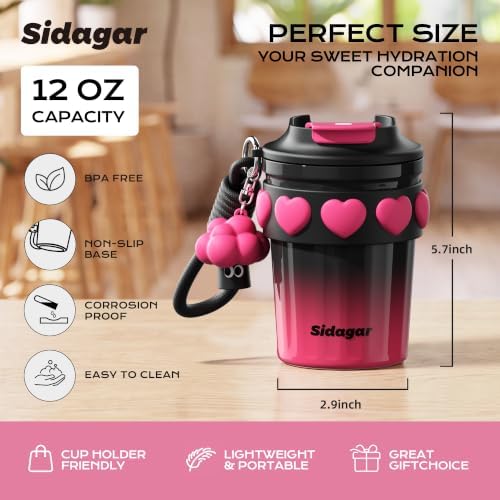 12 oz Insulated Coffee Tumbler with Lid, Cute Travel Mug, Black - Image 2