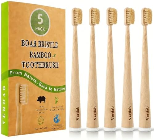 Boar Bristle Toothbrush & Bamboo Toothbrushes(5-Pack) - Plastic Free by Unknown