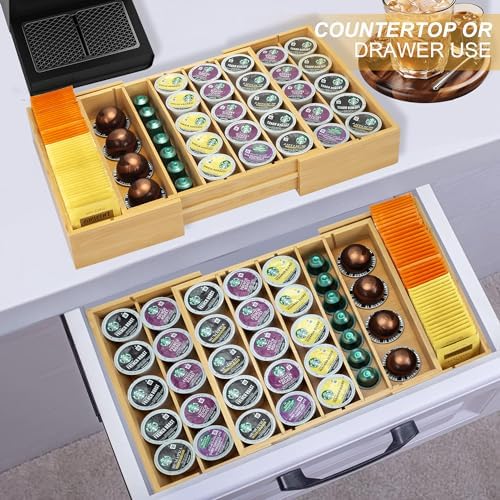 MinBoo Bamboo K Cup Holder for Drawer or Countertop Coffee Pod Holder Expandable K Cup Pod Storage Tea bag organizer K Cup Storage for Coffee Station Home Office and Kitchen, Natural - Image 2
