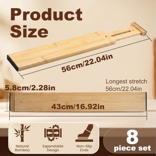 Joyeee Kitchen Drawer Dividers 8 Pack, 16.9-22" Adjustable Bamboo Drawer Organizer, 2.28" High Expandable Utensils Separators for Closet, Dresser, Bathroom, Bedroom - Image 4