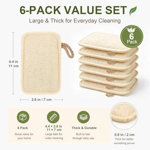 Natural Loofah Dish Scrubber Sponges, 6 Pack Large Plant-Based Kitchen Cleaning Pads, Compostable Non-Scratch Scouring Sponge for Dishes, Sink, Grout and Tile, 4.4 x 2.8 in - Image 2