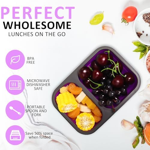 2 Pack Collapsible Silicone Lunch Box Set, 2 Compartments Bento Boxes with Lids, Food Storage Containers for Meal Prep, Office, Travel, Camping, BPA Free - Image 4