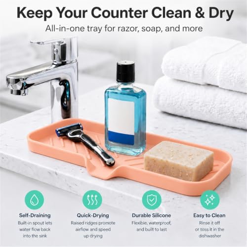 MicoYang Silicone Soap Dish with Drain Spout — Self-Draining Double Sink Organizer Tray for Kitchen & Bathroom, Dispensers, Sponges & Soap Holder, Non-Slip & Dishwasher Safe, Pink (Large, 12"×4") - Image 6