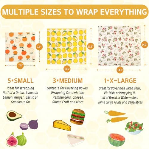 Reusable Beeswax Wrap - 9 Pack Beeswax Wraps for Food, Eco-Friendly Beeswax Food Wraps, Bread Sandwich Wrapper - Organic, Sustainable, Zero Waste, Reusable Plastic-Free Food Storage Wrap, 1XL, 3M, 5S - Image 3