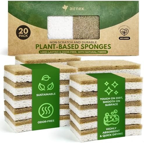 AIRNEX Natural Kitchen Sponges Pack of 20 - Biodegradable Cellulose and Coconut Husk Walnut Scrubbers - Odor Free Non Scratch - Eco Friendly Quick Drying Dishwashing Sponges by Airnex