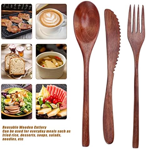 Wooden Cutlery Set, 3 PCS Wooden Spoon Fork Knife for Eating, Wooden Utensil Reusable Dinner Set with Case, Kitchen Flatware Set Travel Cutlery - Image 2