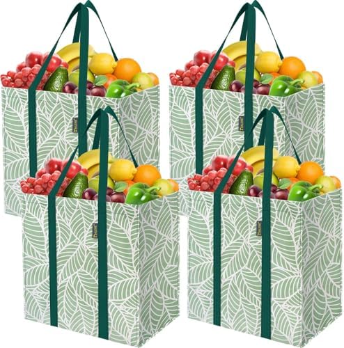 BALEINE 4 PK Grocery Bags Reusable Shopping Bags with Reinforced Bottom, Heavy Duty Foldable Tote Bags (Antique Folidage) by BALEINE