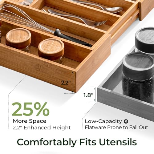 keechee Carbonized Bamboo Kitchen Drawer Organizer, 10 Slots Expandable Silverware Organizer, Utensil Holder & Cutlery Tray, 2.2" Deep for Extra Capacity, Non-Slip Feet Included - Image 3